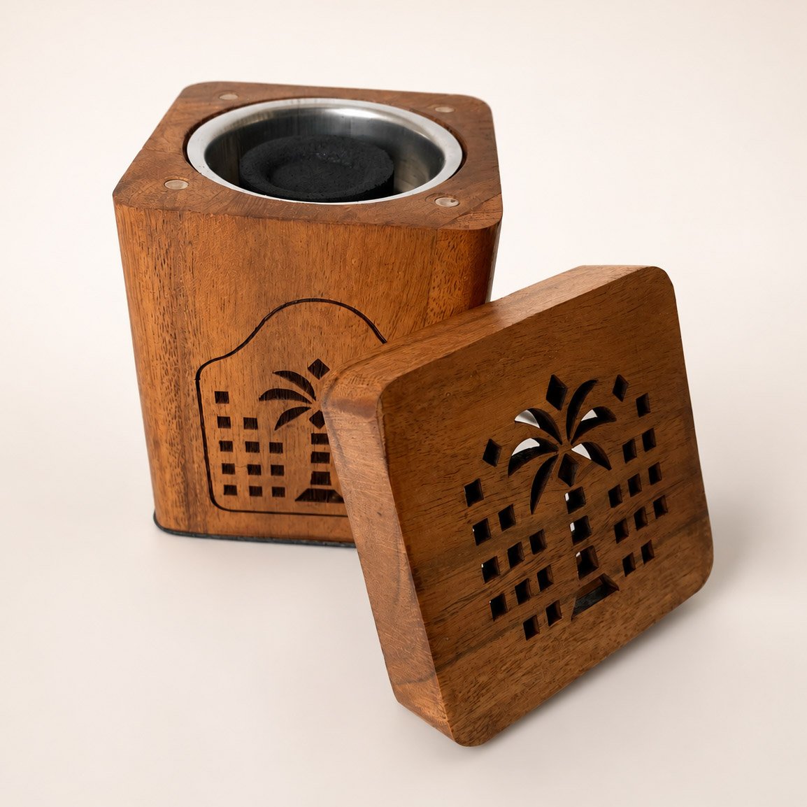 incense burner saudi souvenir (2) Wooden Incense Burner with Metal Cup & Laser-Cut Saudi Design - Image 1