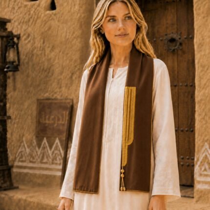 Traditional Hasawi Shawl – Brown with Golden Embroidery