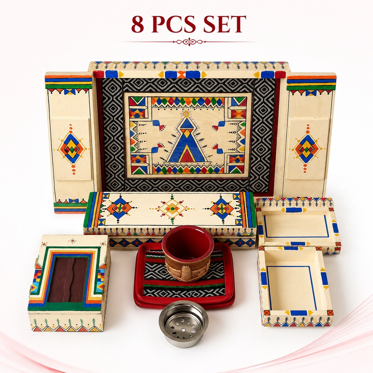 tray box cup incense burner coster set (3) Hand-Colored 8 PCS Serving Set with Sadu Coasters & Clay Coffee Cup - Image 1